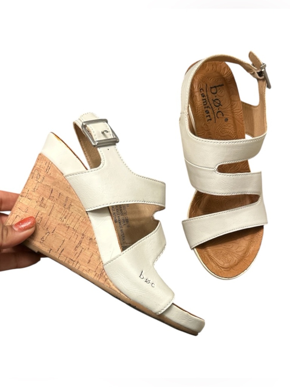 b.o.c. Cream Cork Wedge Sandals with  Adustable Strap Buckle Size 6